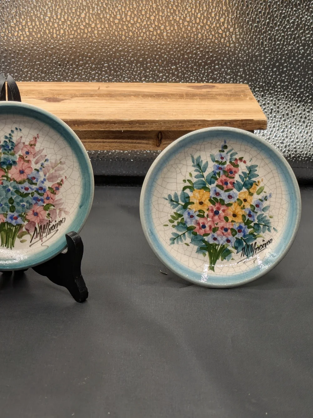 Hand-Painted Floral Ceramic Plates - Blue Trim Vtg Norwegian